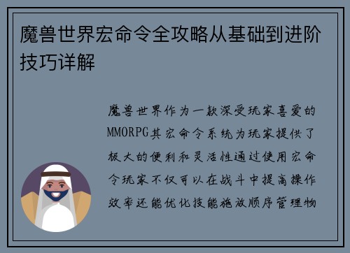 魔兽世界宏命令全攻略从基础到进阶技巧详解